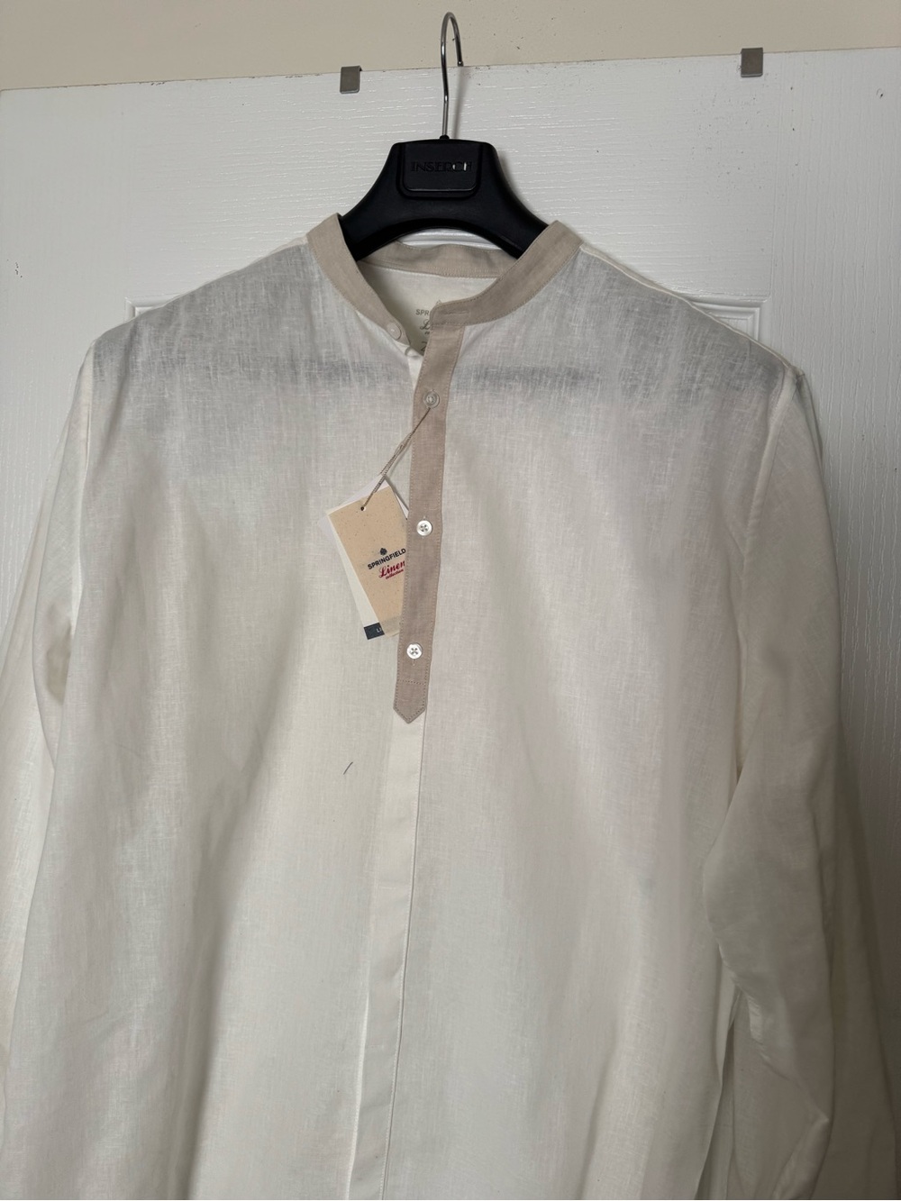 Men's Ivory Band Collar Casual Button-Down Shirt with Beige Trim